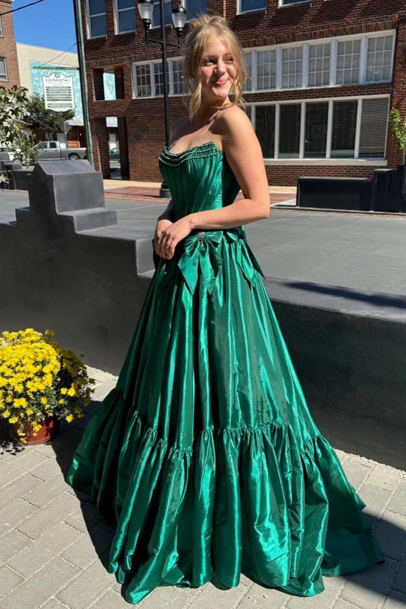 Cristal | A - Line Black Scoop Neck Satin Long Prom Dresses with Bow Knots - KissProm