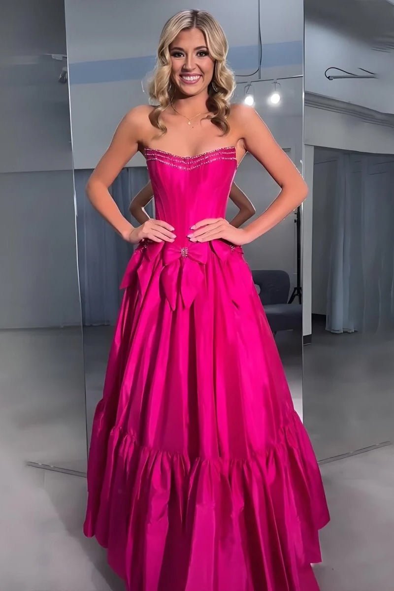 Cristal | A - Line Black Scoop Neck Satin Long Prom Dresses with Bow Knots - KissProm