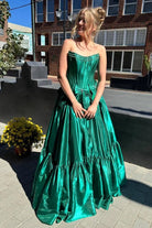 Cristal | A - Line Black Scoop Neck Satin Long Prom Dresses with Bow Knots - KissProm