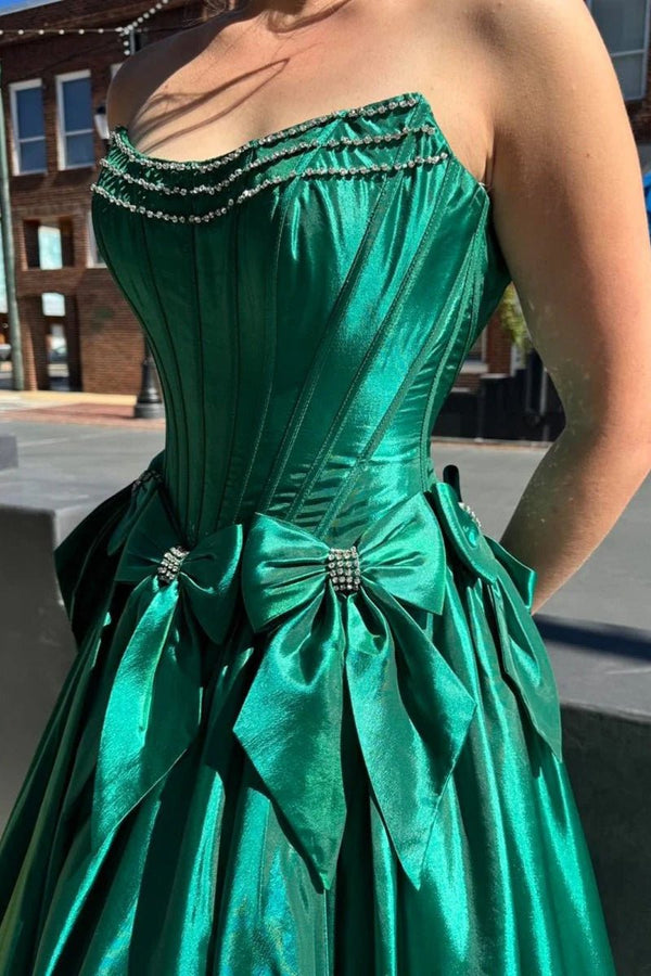 Cristal | A - Line Black Scoop Neck Satin Long Prom Dresses with Bow Knots - KissProm