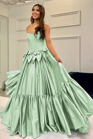 Cristal | A - Line Black Scoop Neck Satin Long Prom Dresses with Bow Knots - KissProm