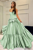 Cristal | A - Line Black Scoop Neck Satin Long Prom Dresses with Bow Knots - KissProm