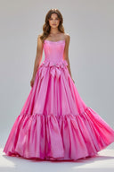 Cristal | A - Line Black Scoop Neck Satin Long Prom Dresses with Bow Knots - KissProm