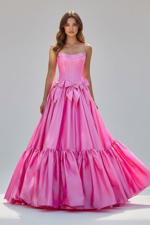 Cristal | A - Line Black Scoop Neck Satin Long Prom Dresses with Bow Knots - KissProm