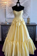Cristal | A - Line Black Scoop Neck Satin Long Prom Dresses with Bow Knots - KissProm