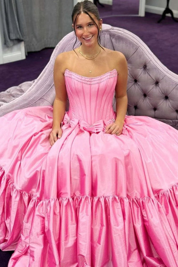 Cristal | A - Line Black Scoop Neck Satin Long Prom Dresses with Bow Knots - KissProm