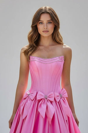 Cristal | A - Line Black Scoop Neck Satin Long Prom Dresses with Bow Knots - KissProm