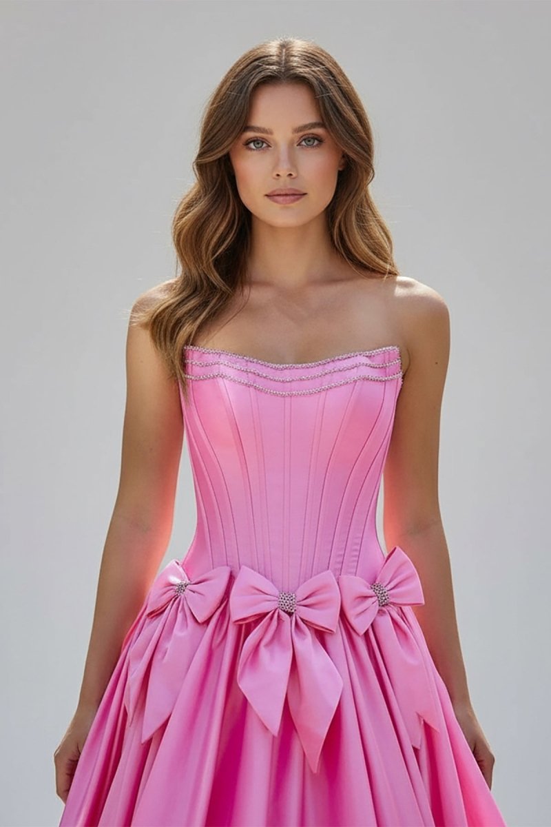 open lace back dress A-Line Black Strapless Satin Long Prom Dresses with Bow Knots