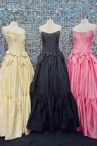 Cristal | A - Line Black Scoop Neck Satin Long Prom Dresses with Bow Knots - KissProm