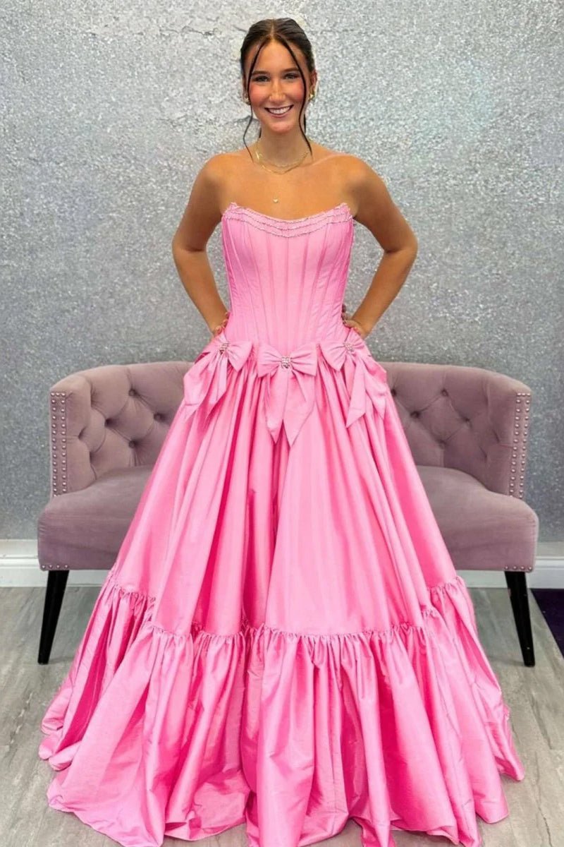 Cristal | A - Line Black Scoop Neck Satin Long Prom Dresses with Bow Knots - KissProm