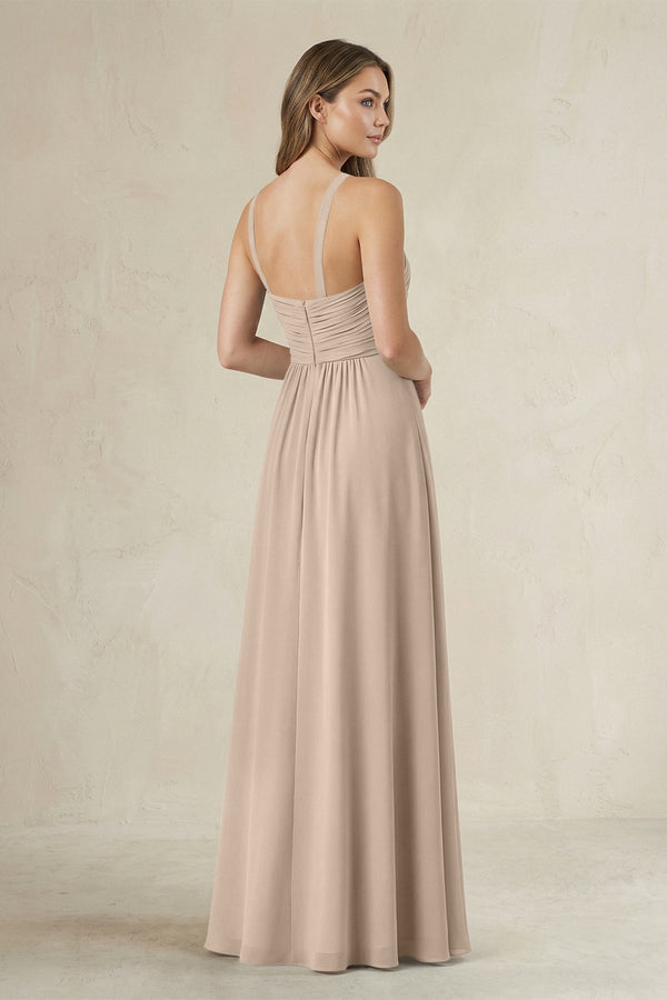 Cross Halter A - Line Pleated Bridesmaid Dress in Almond - KissProm Bridesmaid Dresses