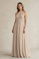 Cross Halter A - Line Pleated Bridesmaid Dress in Almond - KissProm Bridesmaid Dresses