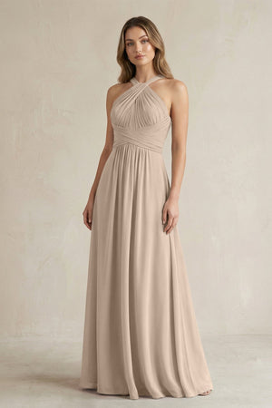 Cross Halter A - Line Pleated Bridesmaid Dress in Almond - KissProm Bridesmaid Dresses