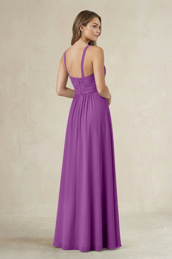 Cross Halter A - Line Pleated Bridesmaid Dress in Amethyst - KissProm Bridesmaid Dresses