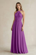 Cross Halter A - Line Pleated Bridesmaid Dress in Amethyst - KissProm Bridesmaid Dresses