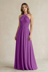 Cross Halter A - Line Pleated Bridesmaid Dress in Amethyst - KissProm Bridesmaid Dresses