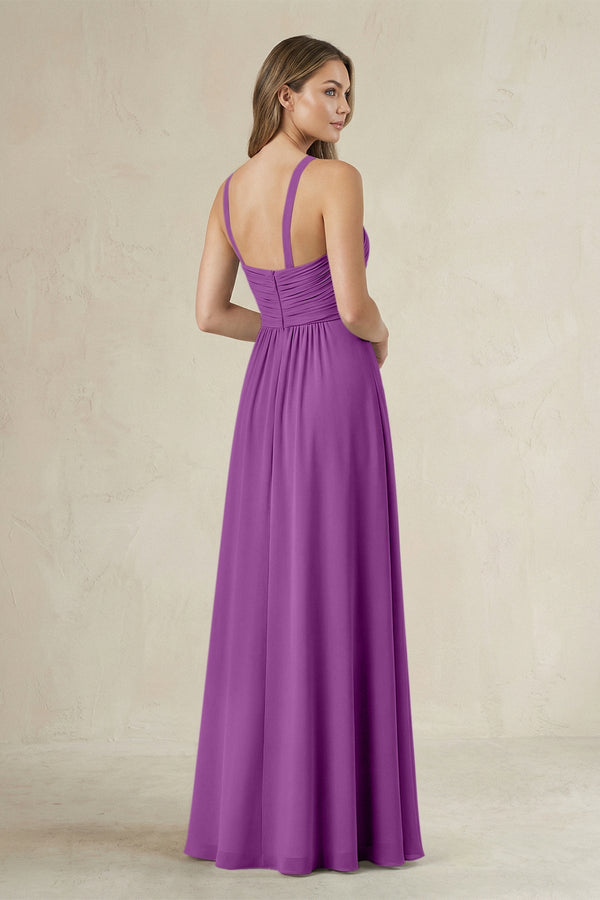 Cross Halter A - Line Pleated Bridesmaid Dress in Amethyst - KissProm Bridesmaid Dresses