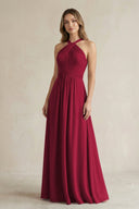 Cross Halter A - Line Pleated Bridesmaid Dress in Berry - KissProm Bridesmaid Dresses