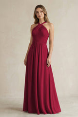 Cross Halter A - Line Pleated Bridesmaid Dress in Berry - KissProm Bridesmaid Dresses
