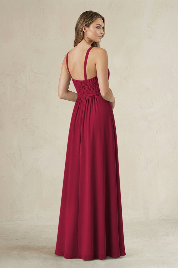 Cross Halter A - Line Pleated Bridesmaid Dress in Berry - KissProm Bridesmaid Dresses