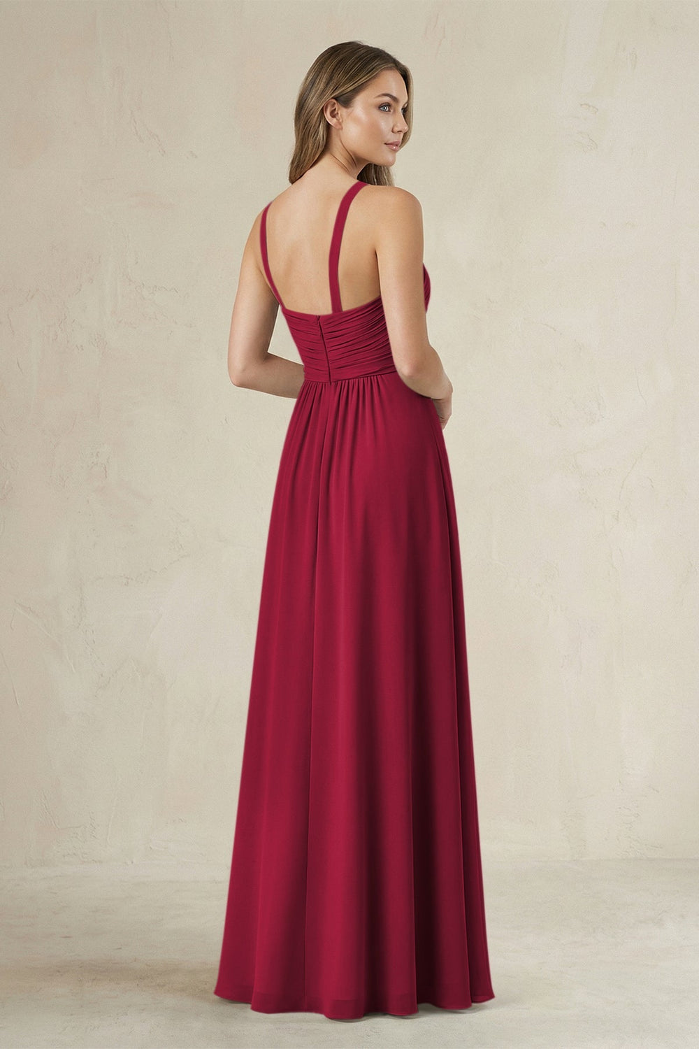 Cross Halter A - Line Pleated Bridesmaid Dress in Berry - KissProm Bridesmaid Dresses