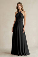 Cross Halter A - Line Pleated Bridesmaid Dress in Black - KissProm Bridesmaid Dresses