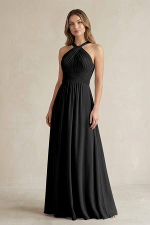 Cross Halter A - Line Pleated Bridesmaid Dress in Black - KissProm Bridesmaid Dresses