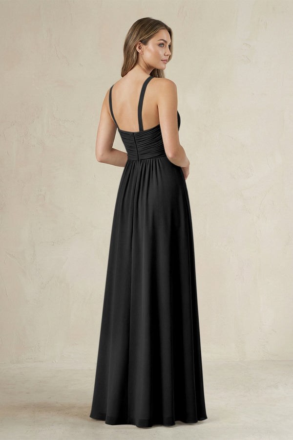 Cross Halter A - Line Pleated Bridesmaid Dress in Black - KissProm Bridesmaid Dresses