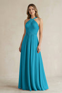 Cross Halter A - Line Pleated Bridesmaid Dress in Blue Jay - KissProm Bridesmaid Dresses
