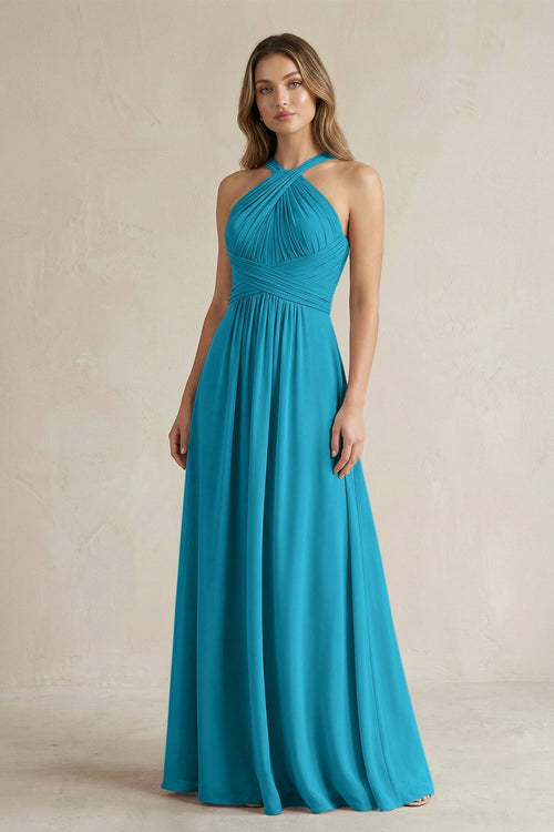 Cross Halter A - Line Pleated Bridesmaid Dress in Blue Jay - KissProm Bridesmaid Dresses