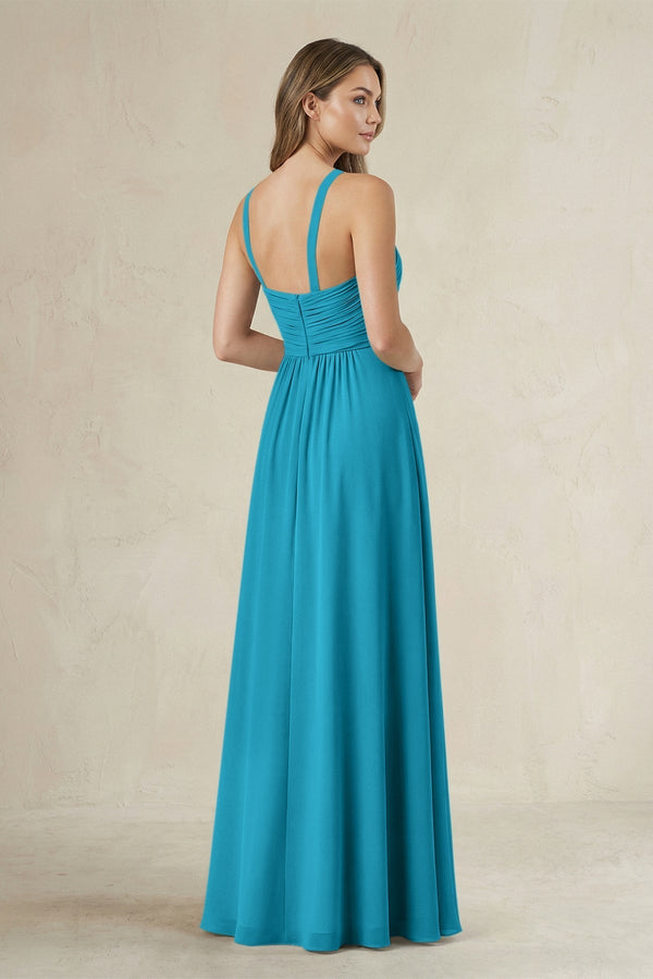 Cross Halter A - Line Pleated Bridesmaid Dress in Blue Jay - KissProm Bridesmaid Dresses