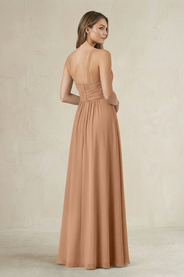 Cross Halter A - Line Pleated Bridesmaid Dress in Bronzer - KissProm Bridesmaid Dresses