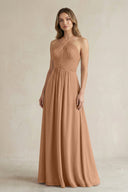 Cross Halter A - Line Pleated Bridesmaid Dress in Bronzer - KissProm Bridesmaid Dresses