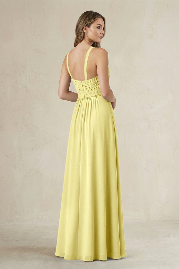 Cross Halter A - Line Pleated Bridesmaid Dress in Buttercup - KissProm Bridesmaid Dresses
