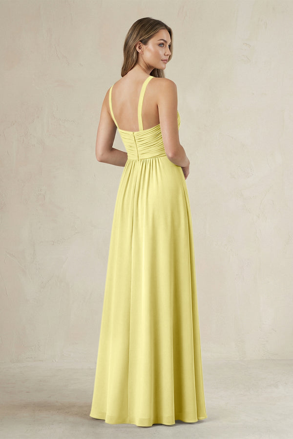 Cross Halter A - Line Pleated Bridesmaid Dress in Buttercup - KissProm Bridesmaid Dresses
