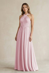 Cross Halter A - Line Pleated Bridesmaid Dress in Candy Pink - KissProm Bridesmaid Dresses