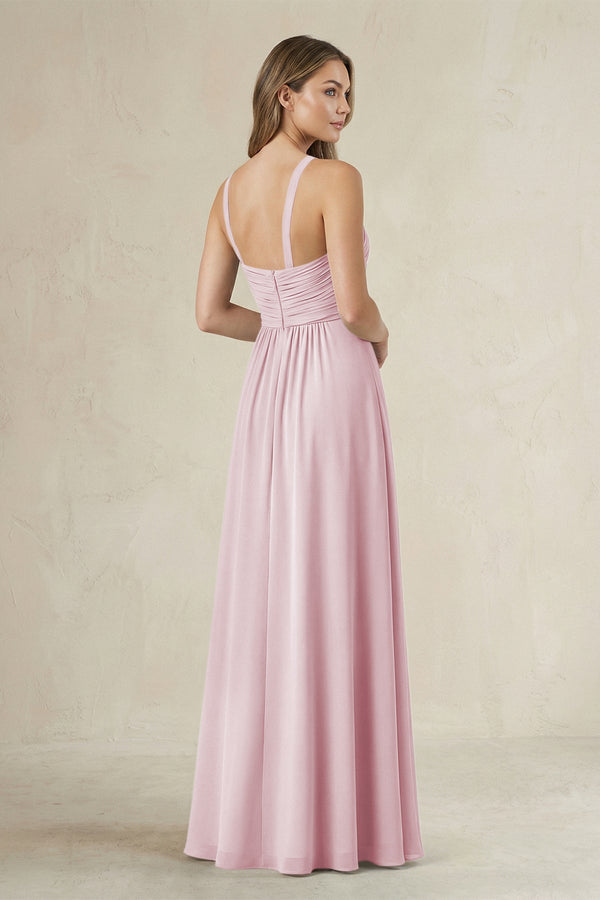 Cross Halter A - Line Pleated Bridesmaid Dress in Candy Pink - KissProm Bridesmaid Dresses