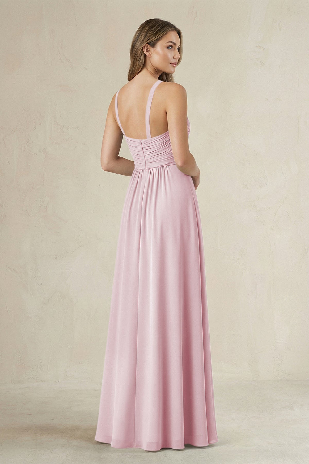 Cross Halter A - Line Pleated Bridesmaid Dress in Candy Pink - KissProm Bridesmaid Dresses