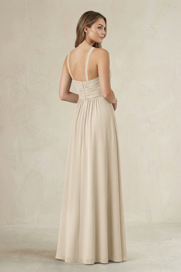 Cross Halter A - Line Pleated Bridesmaid Dress in Champagne - KissProm Bridesmaid Dresses