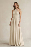 Cross Halter A - Line Pleated Bridesmaid Dress in Champagne - KissProm Bridesmaid Dresses