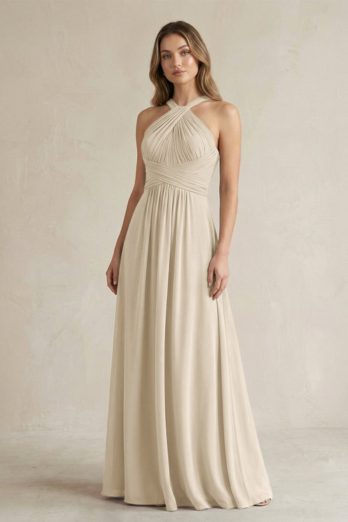 Cross Halter A - Line Pleated Bridesmaid Dress in Champagne - KissProm Bridesmaid Dresses