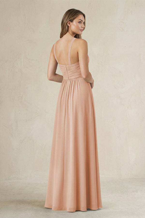Cross Halter A - Line Pleated Bridesmaid Dress in Champagne Rose - KissProm Bridesmaid Dresses