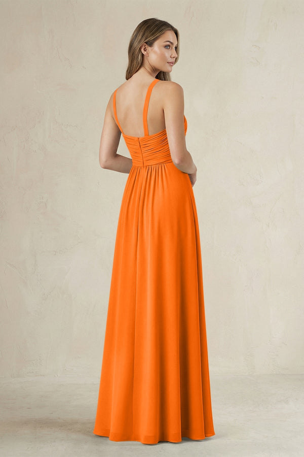 Cross Halter A - Line Pleated Bridesmaid Dress in Cinnamon - KissProm Bridesmaid Dresses