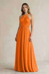 Cross Halter A - Line Pleated Bridesmaid Dress in Cinnamon - KissProm Bridesmaid Dresses