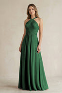 Cross Halter A - Line Pleated Bridesmaid Dress in Dark Green - KissProm Bridesmaid Dresses