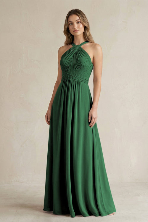 Cross Halter A - Line Pleated Bridesmaid Dress in Dark Green - KissProm Bridesmaid Dresses