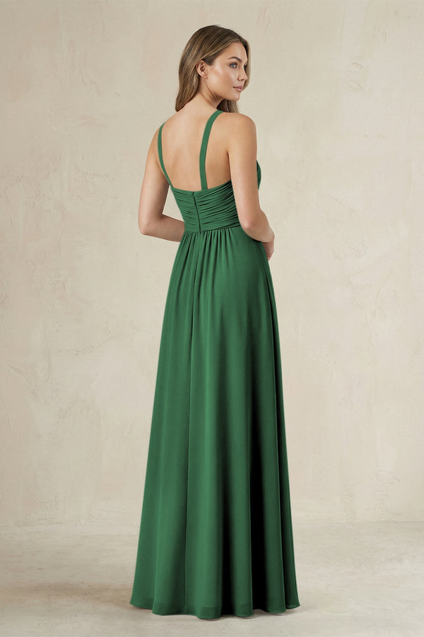 Cross Halter A - Line Pleated Bridesmaid Dress in Dark Green - KissProm Bridesmaid Dresses