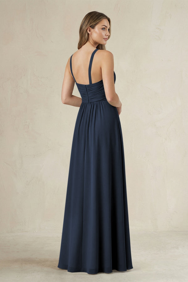 Cross Halter A - Line Pleated Bridesmaid Dress in Dark Navy - KissProm Bridesmaid Dresses