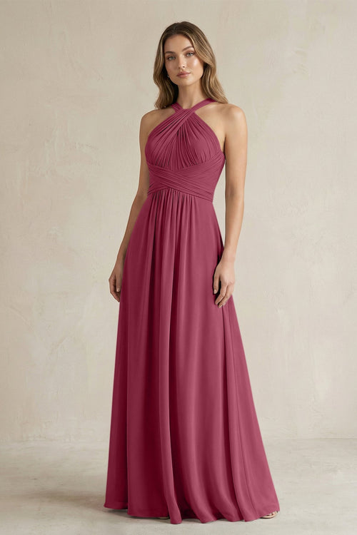 Cross Halter A - Line Pleated Bridesmaid Dress in Desert Rose - KissProm Bridesmaid Dresses