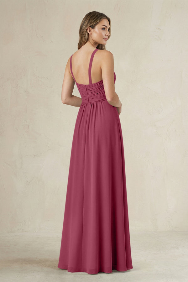 Cross Halter A - Line Pleated Bridesmaid Dress in Desert Rose - KissProm Bridesmaid Dresses